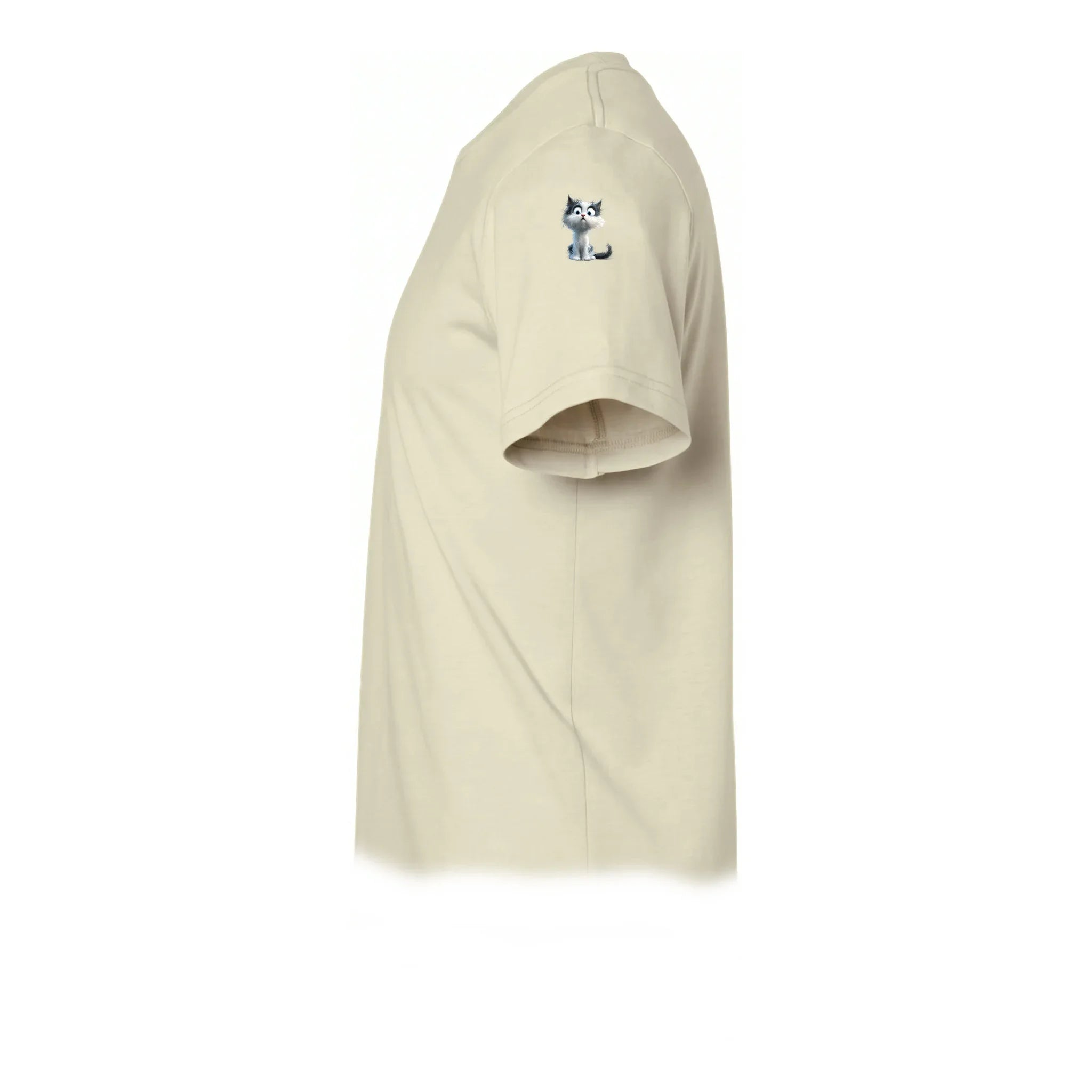 A latte short-sleeve crewneck t-shirt  featuring a small graphic of a cat on the upper left sleeve.