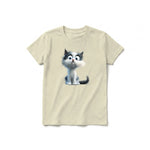 A latte short-sleeve crewneck t-shirt for youth featuring a graphic of a cat on the front.