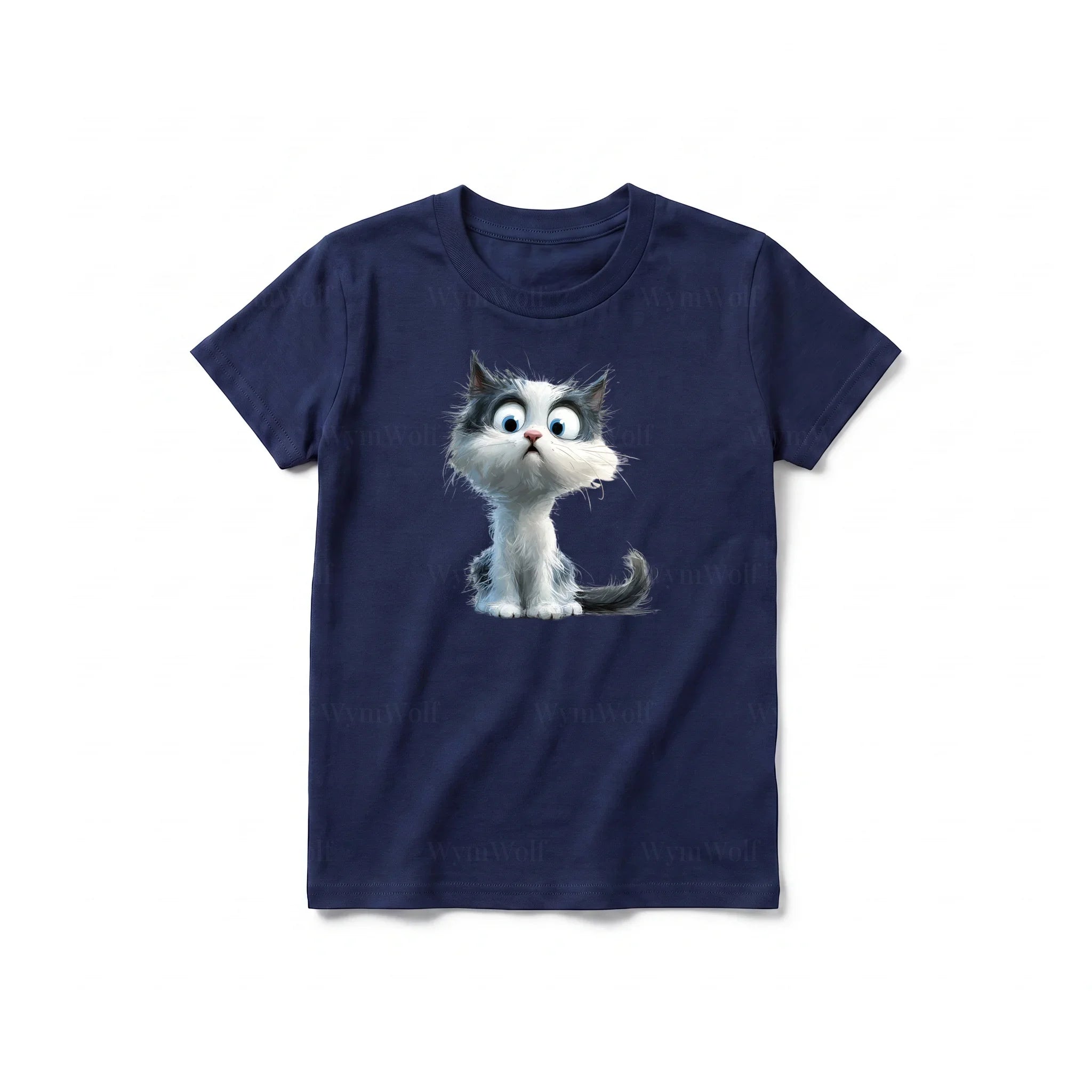 Un T-shirt marine à manches courtes et col rond pour jeune, orné d'un motif représentant un chat sur le devant.