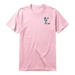 A pink short-sleeve crewneck t-shirt for adult featuring a graphic of a cat on the left chest.