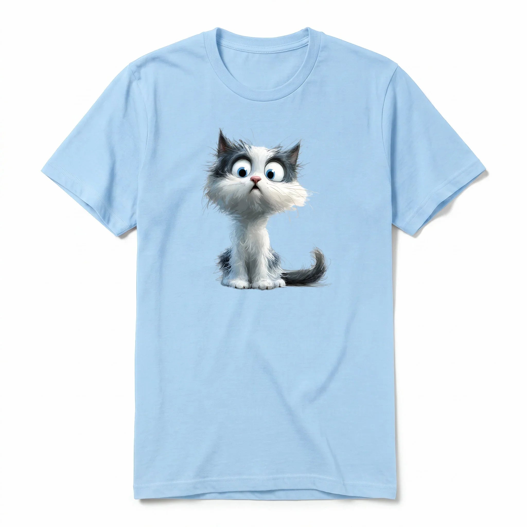 Un T-shirt poudre à manches courtes et col rond, orné d'un motif représentant un chat sur le devant.