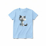 Un T-shirt poudre à manches courtes et col rond pour jeune, orné d'un motif représentant un chat sur le devant.