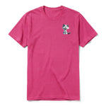 A raspberry short-sleeve crewneck t-shirt for adult featuring a graphic of a cat on the left chest.
