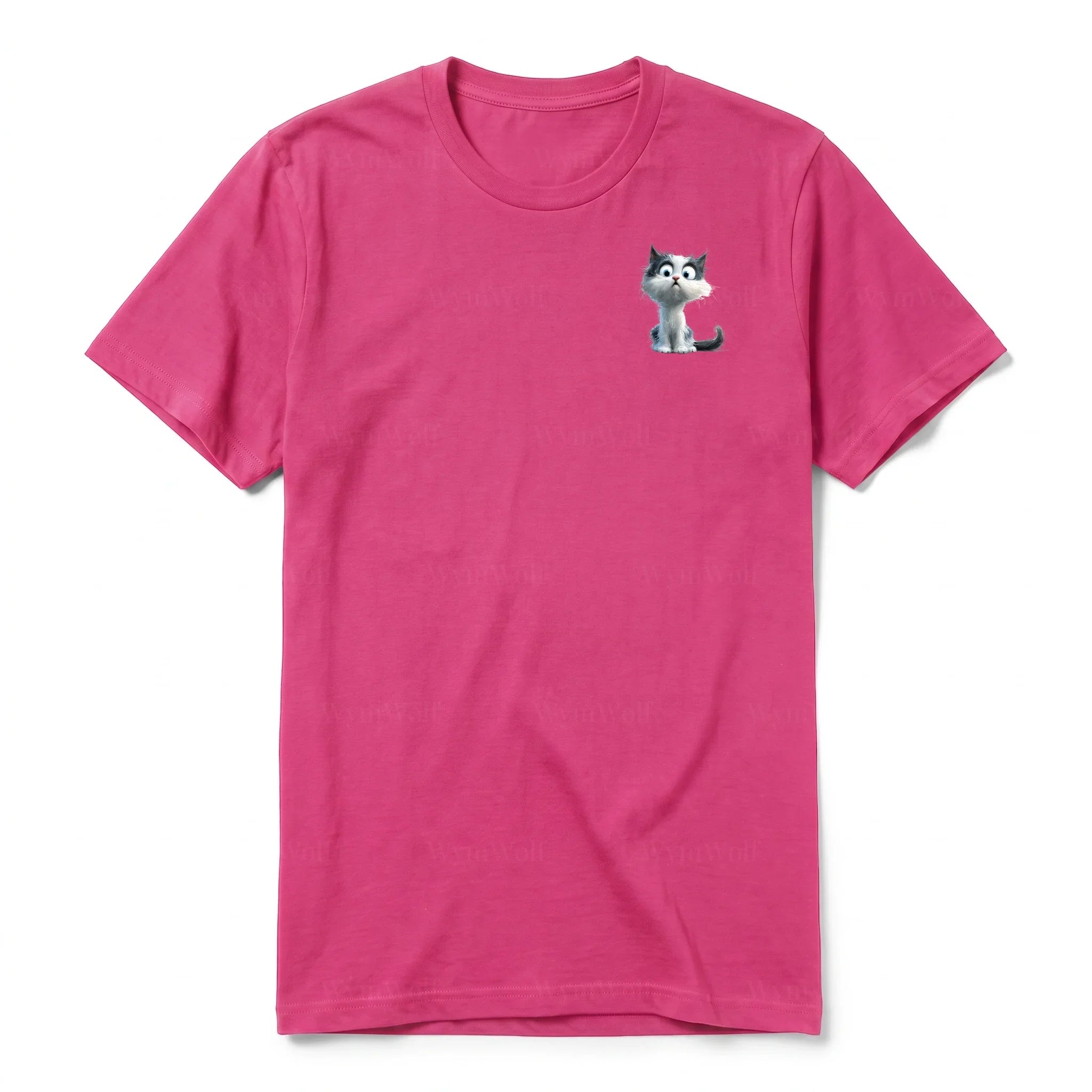 A raspberry short-sleeve crewneck t-shirt for adult featuring a graphic of a cat on the left chest.