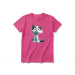 A raspberry short-sleeve crewneck t-shirt for youth featuring a graphic of a cat on the front.