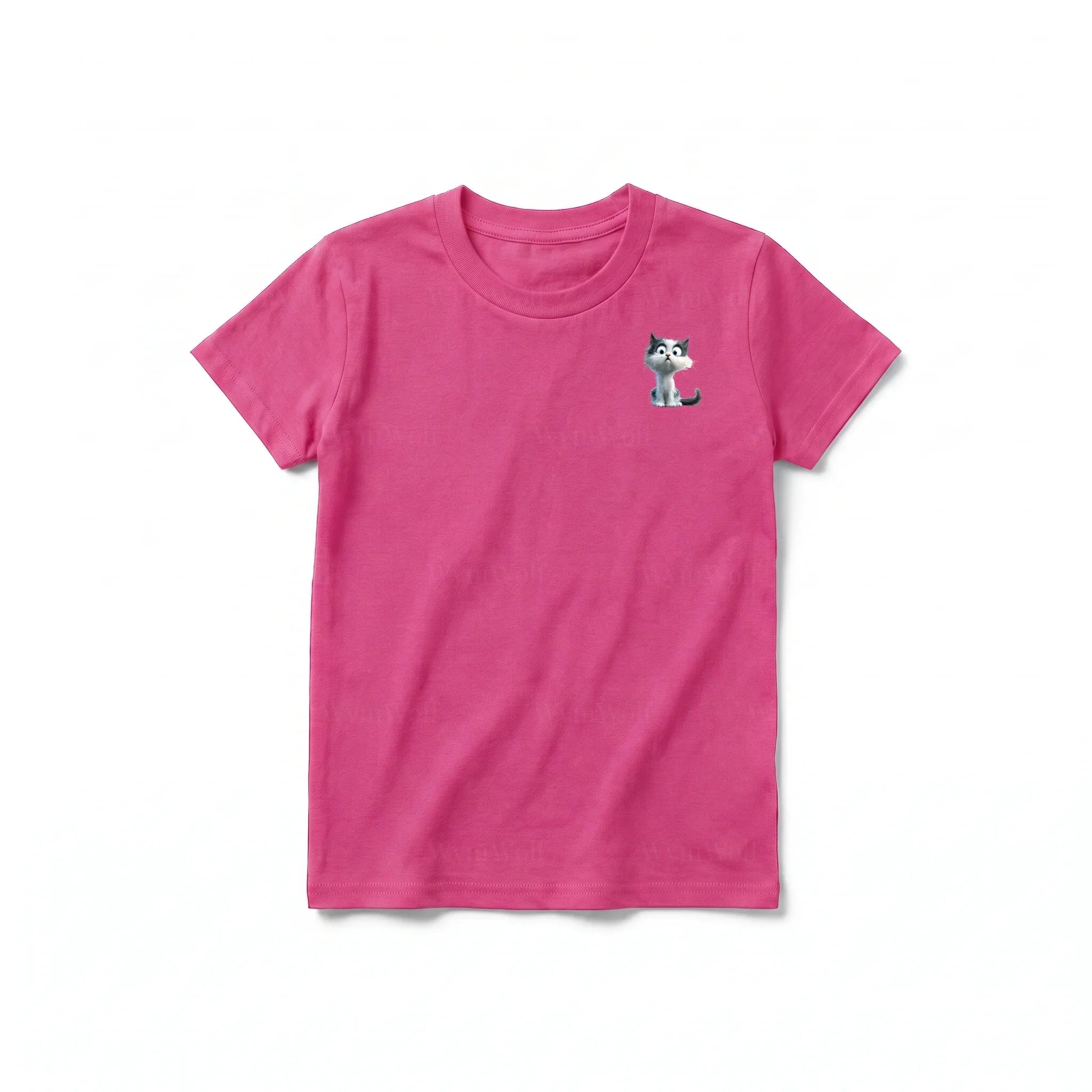 A raspberry short-sleeve crewneck t-shirt for youth featuring a graphic of a cat on the left chest.
