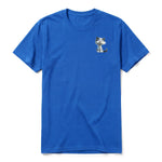 A royal short-sleeve crewneck t-shirt for adult featuring a graphic of a cat on the left chest.