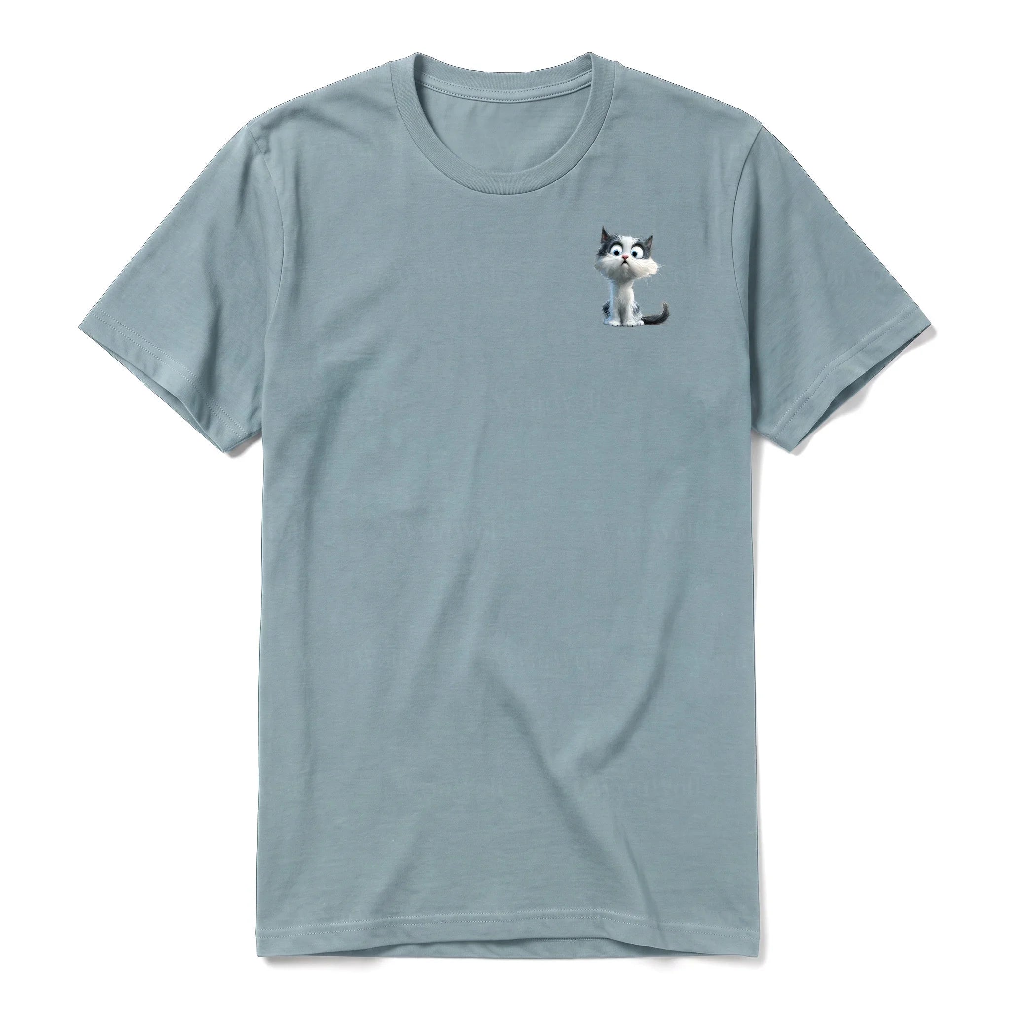 A sage short-sleeve crewneck t-shirt for adult featuring a graphic of a cat on the left chest.