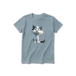 A sage short-sleeve crewneck t-shirt for youth featuring a graphic of a cat on the front.