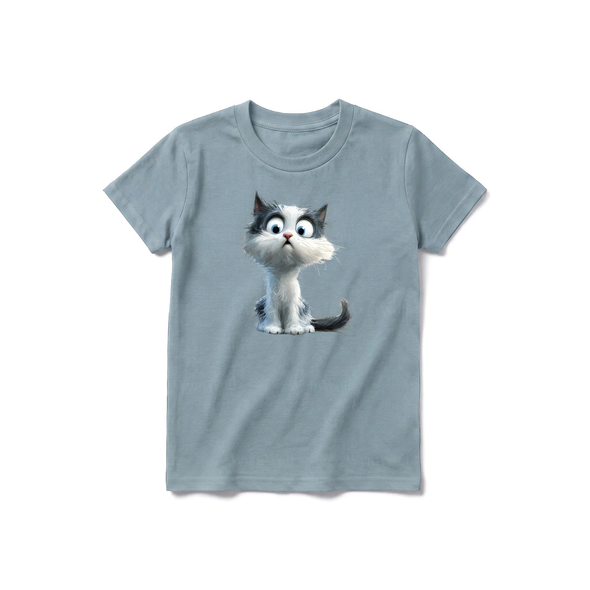 A sage short-sleeve crewneck t-shirt for youth featuring a graphic of a cat on the front.