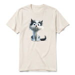 Un T-shirt blanc vintage à manches courtes et col rond, orné d'un motif représentant un chat sur le devant.