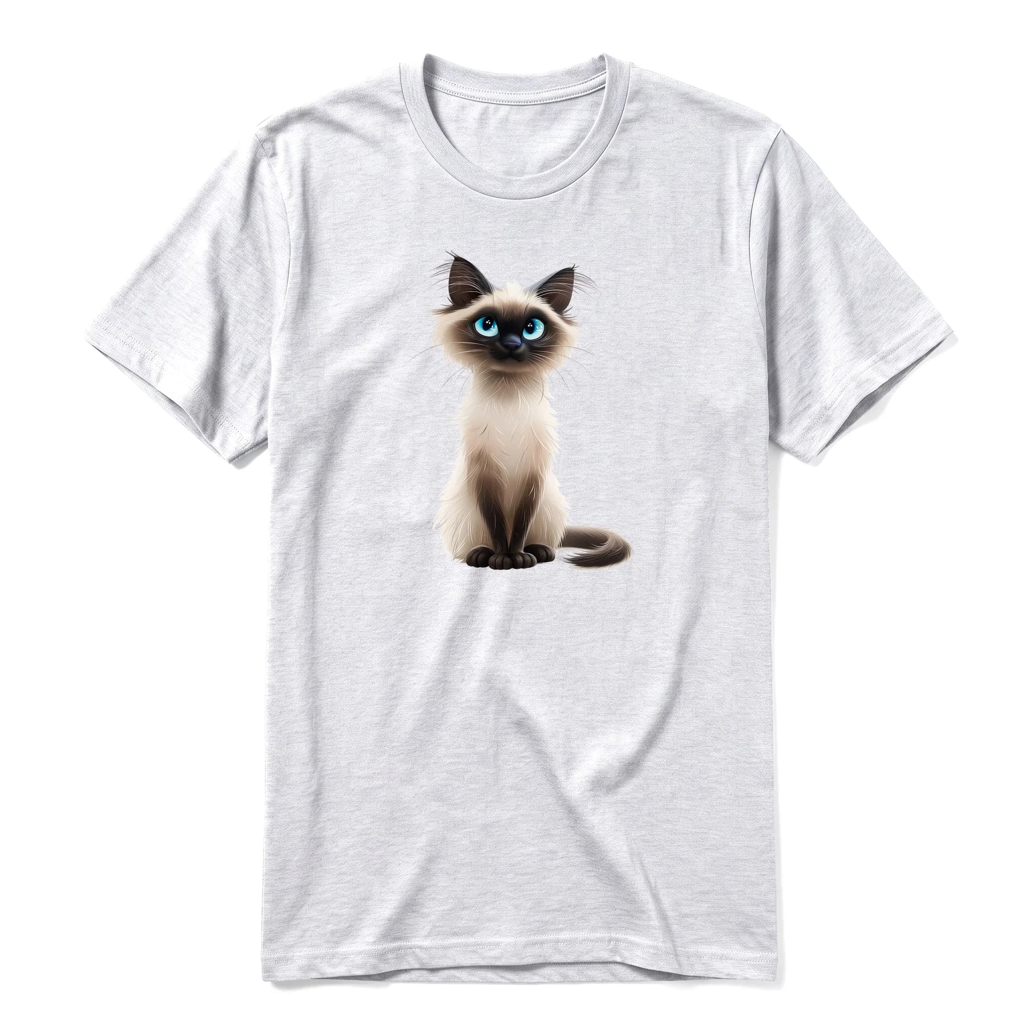 A ash grey short-sleeve crewneck t-shirt for adult featuring a graphic of a cat on the front.