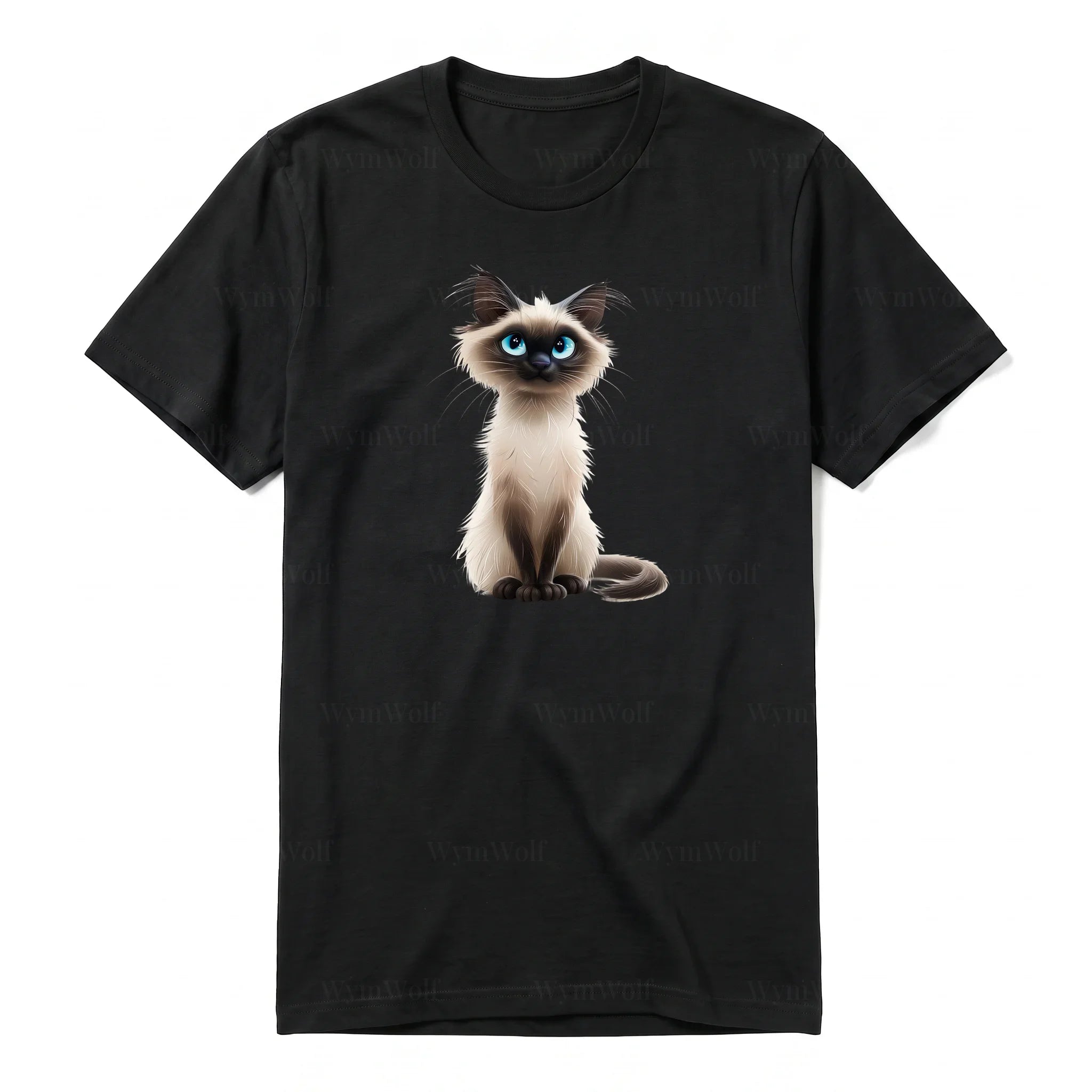 A black short-sleeve crewneck t-shirt for adult featuring a graphic of a cat on the front.
