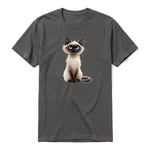 A charcoal short-sleeve crewneck t-shirt for adult featuring a graphic of a cat on the front.