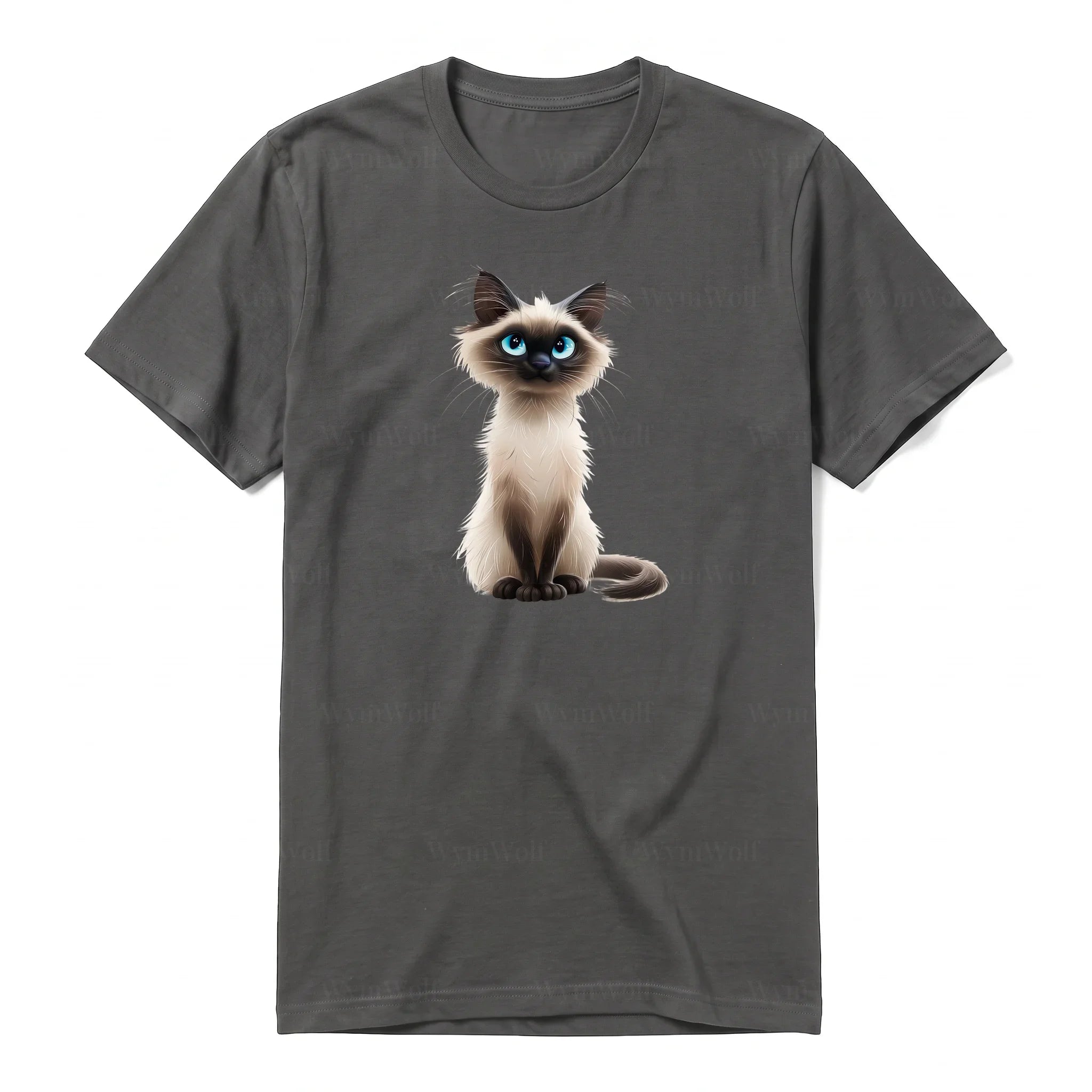 A charcoal short-sleeve crewneck t-shirt for adult featuring a graphic of a cat on the front.
