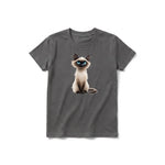 A charcoal short-sleeve crewneck t-shirt for youth featuring a graphic of a cat on the front.