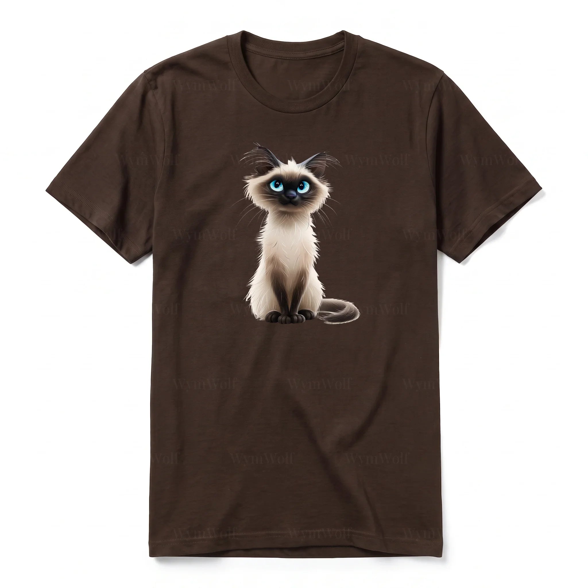 A chocolate short-sleeve crewneck t-shirt for adult featuring a graphic of a cat on the front.