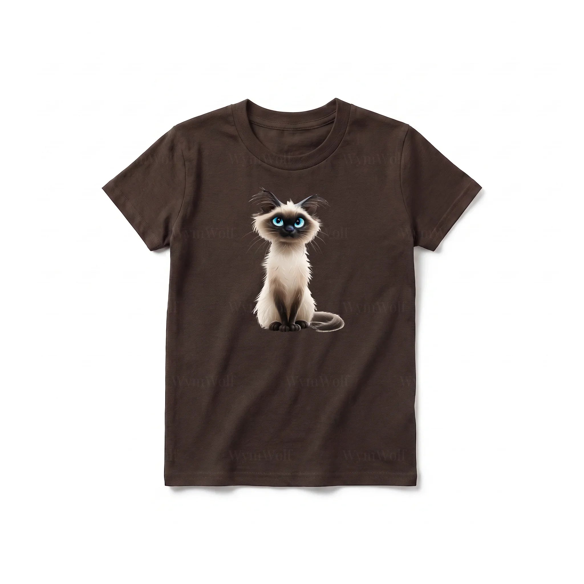 A chocolate short-sleeve crewneck t-shirt for youth featuring a graphic of a cat on the front.