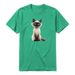 A kelly short-sleeve crewneck t-shirt for adult featuring a graphic of a cat on the front.