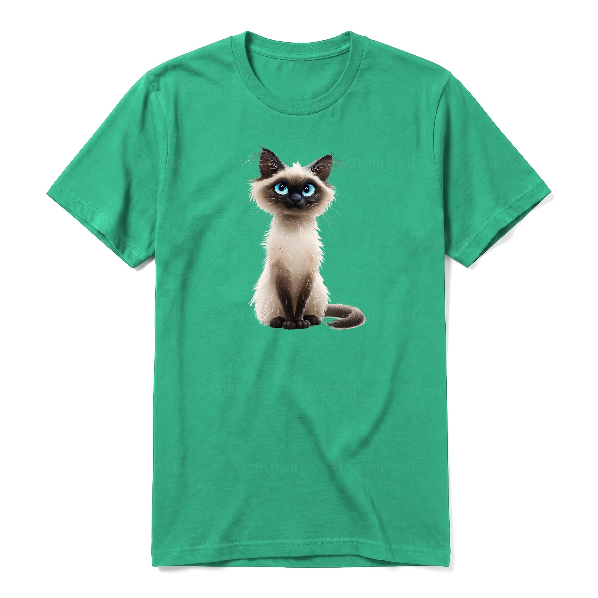 A kelly short-sleeve crewneck t-shirt for adult featuring a graphic of a cat on the front.