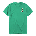 A kelly short-sleeve crewneck t-shirt for adult featuring a graphic of a cat on the left chest.