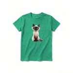 A kelly short-sleeve crewneck t-shirt for youth featuring a graphic of a cat on the front.