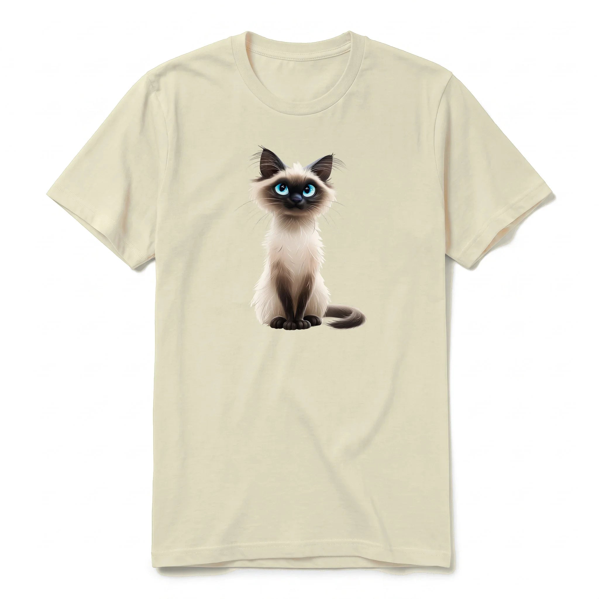 A latte short-sleeve crewneck t-shirt for adult featuring a graphic of a cat on the front.