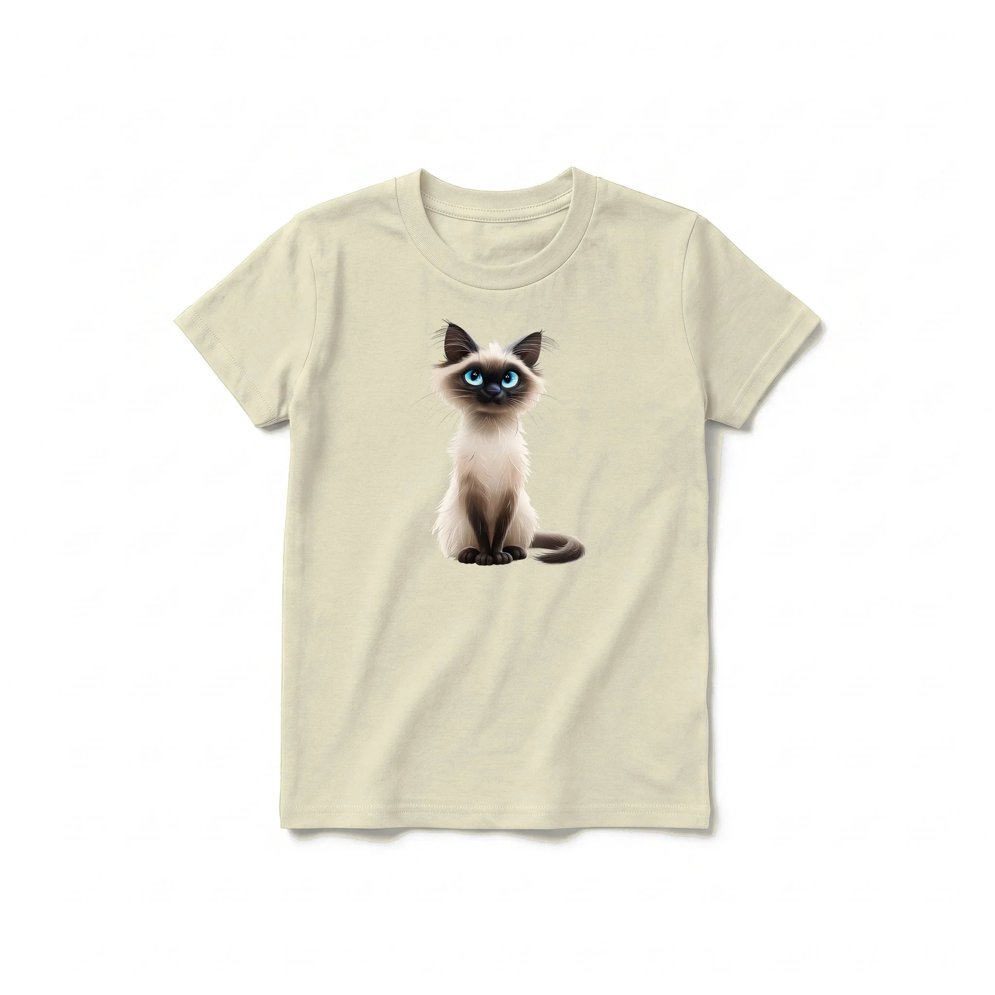 A latte short-sleeve crewneck t-shirt for youth featuring a graphic of a cat on the front.
