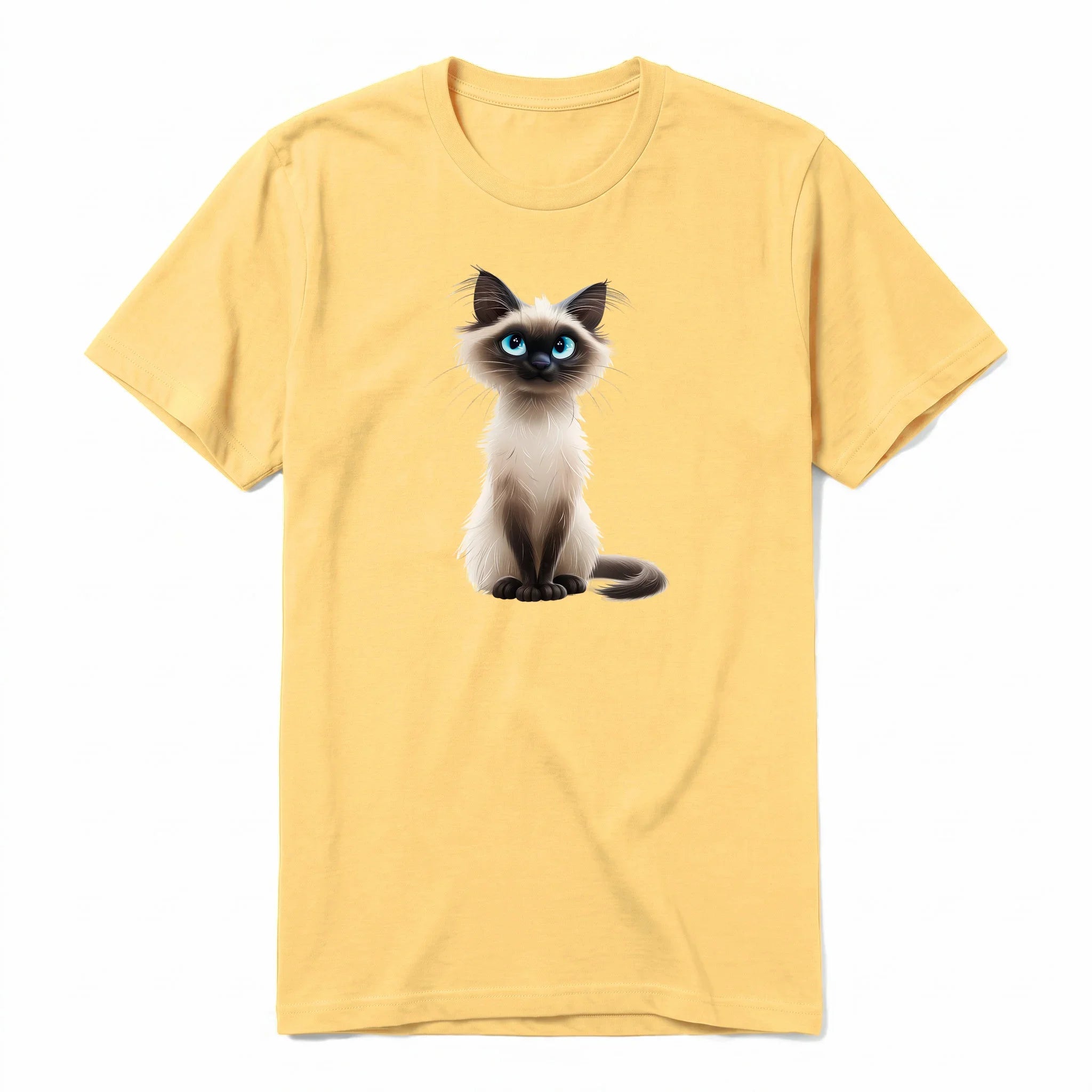 A mustard short-sleeve crewneck t-shirt for adult featuring a graphic of a cat on the front.