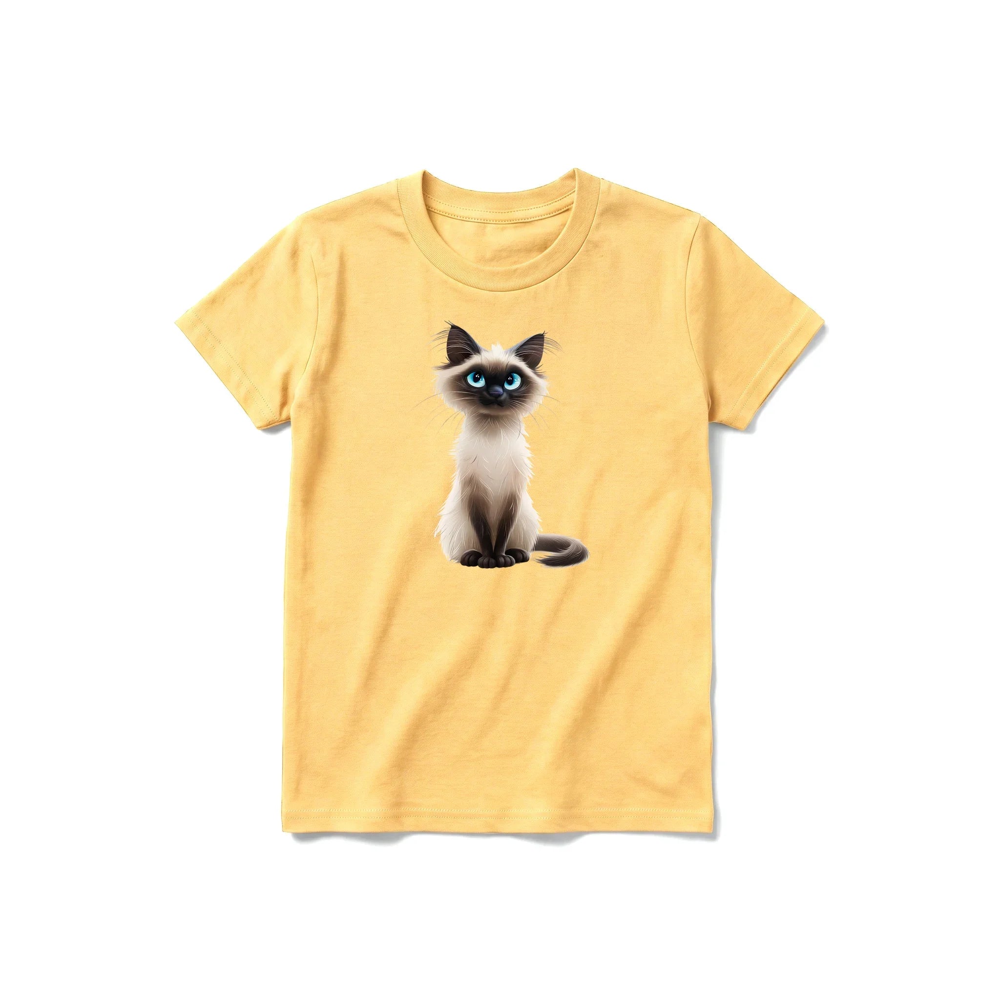 A mustard short-sleeve crewneck t-shirt for youth featuring a graphic of a cat on the front.