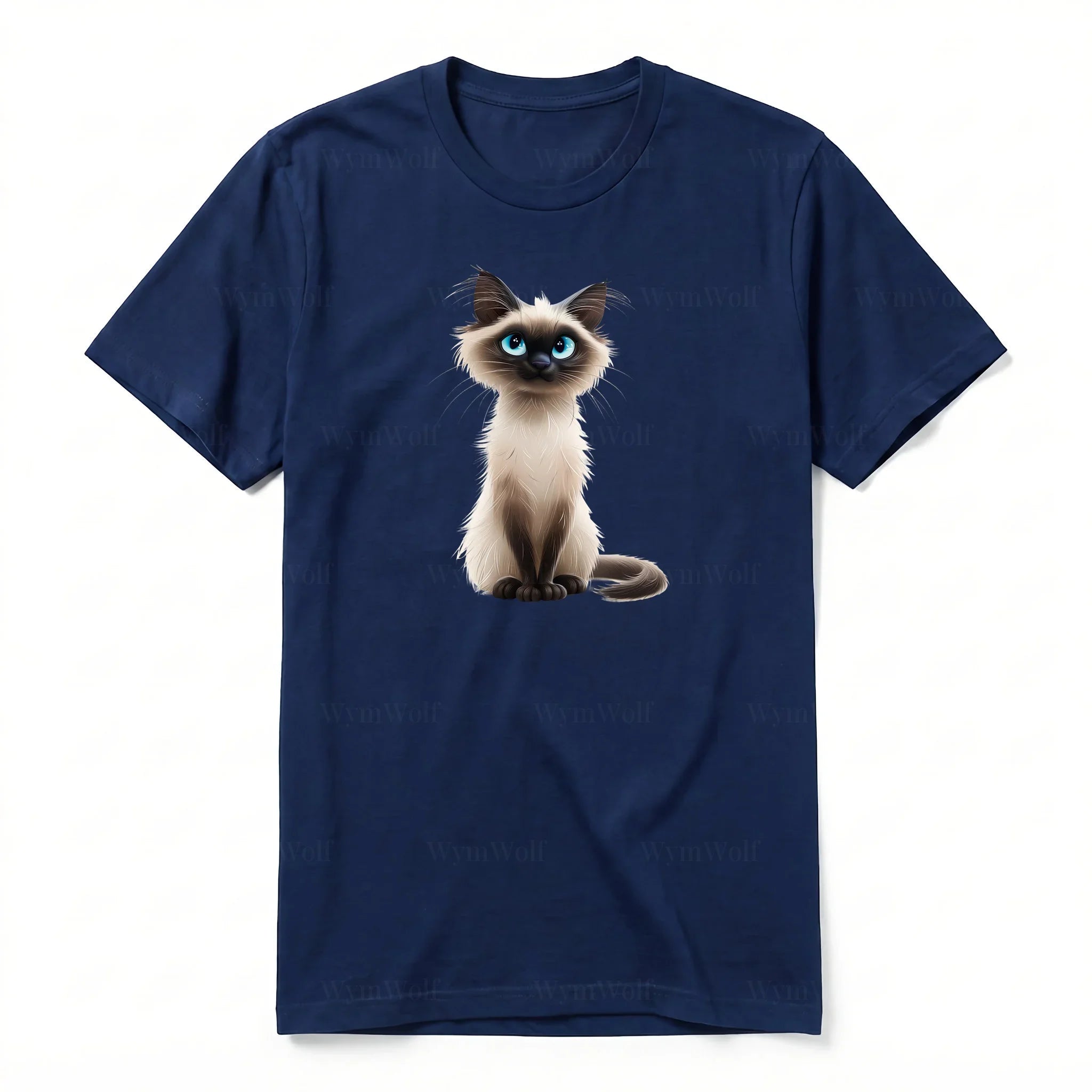 A navy short-sleeve crewneck t-shirt for adult featuring a graphic of a cat on the front.
