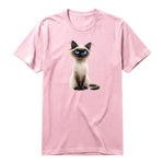 A pink short-sleeve crewneck t-shirt for adult featuring a graphic of a cat on the front.