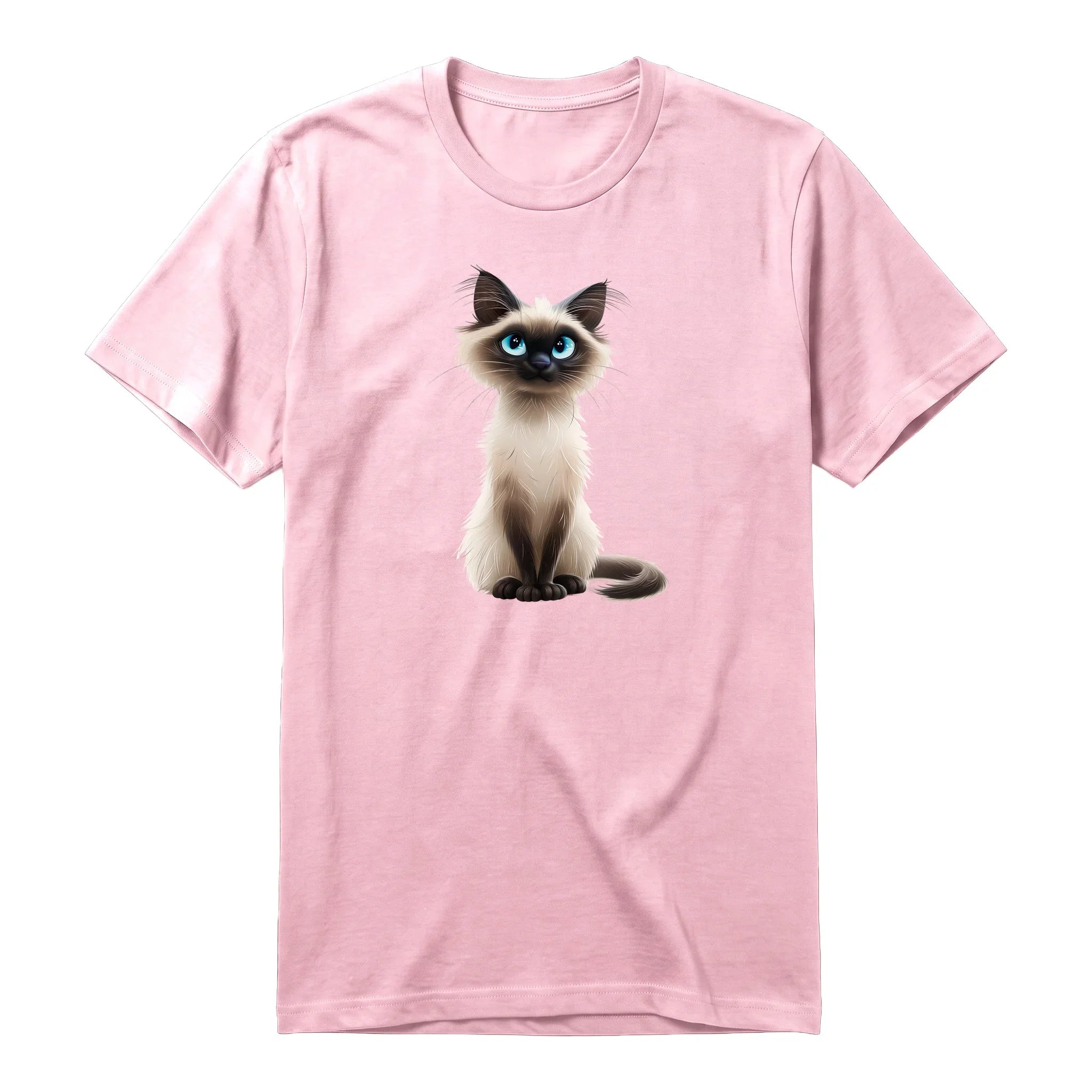 A pink short-sleeve crewneck t-shirt for adult featuring a graphic of a cat on the front.