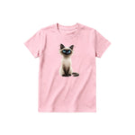 A pink short-sleeve crewneck t-shirt for youth featuring a graphic of a cat on the front.