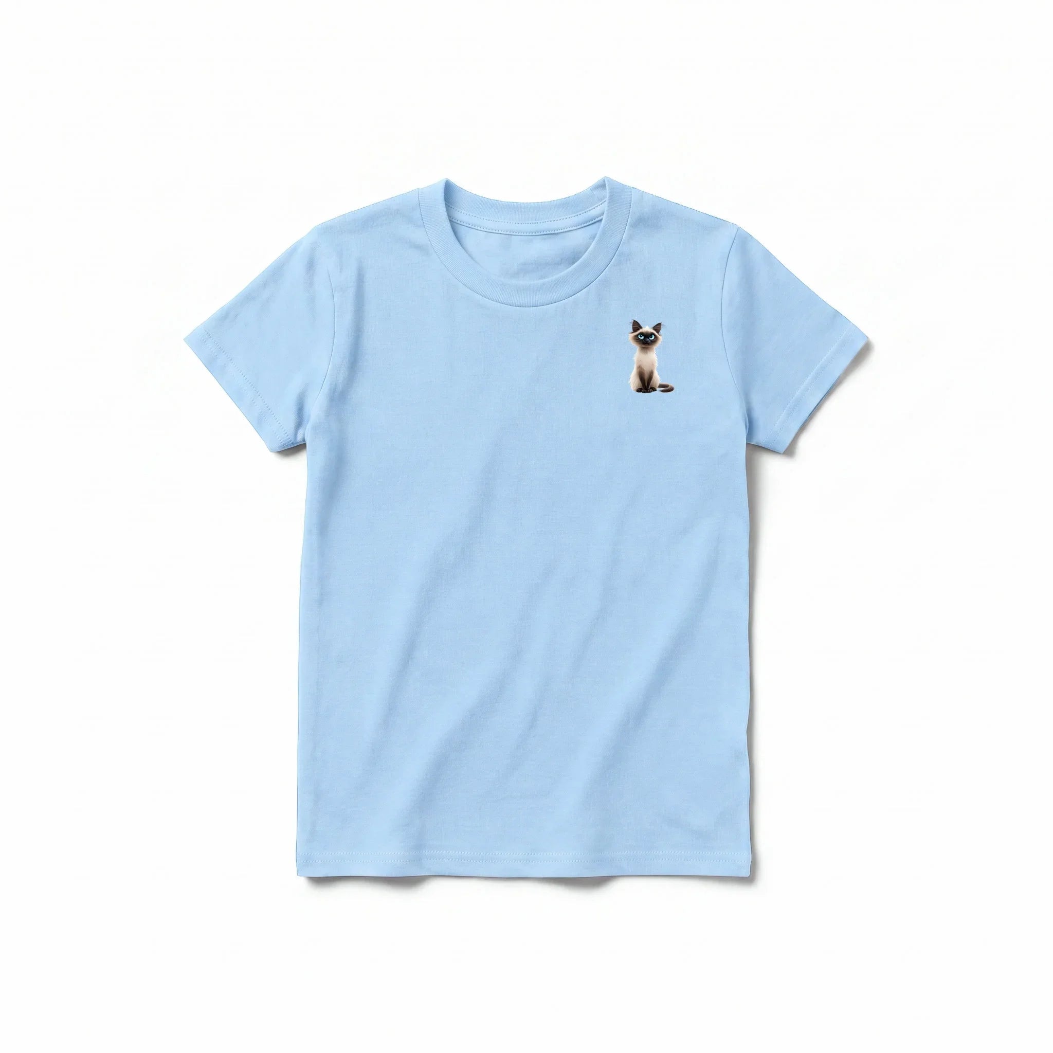 A powder short-sleeve crewneck t-shirt for youth featuring a graphic of a cat on the left chest.