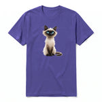 A purple short-sleeve crewneck t-shirt for adult featuring a graphic of a cat on the front.