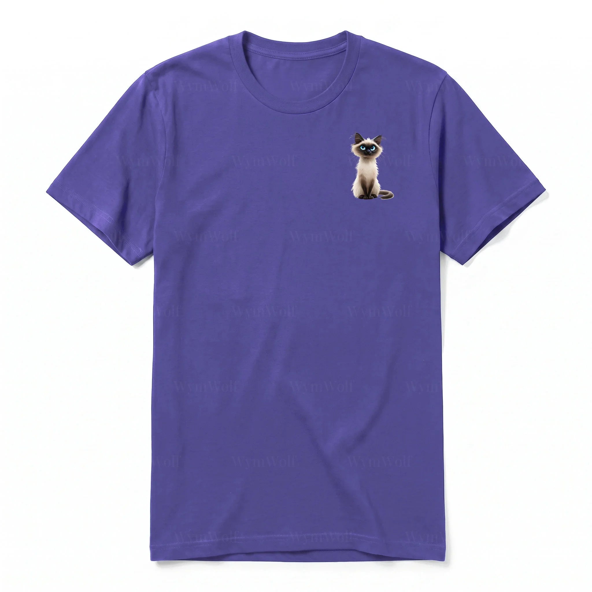 A purple short-sleeve crewneck t-shirt for adult featuring a graphic of a cat on the left chest.