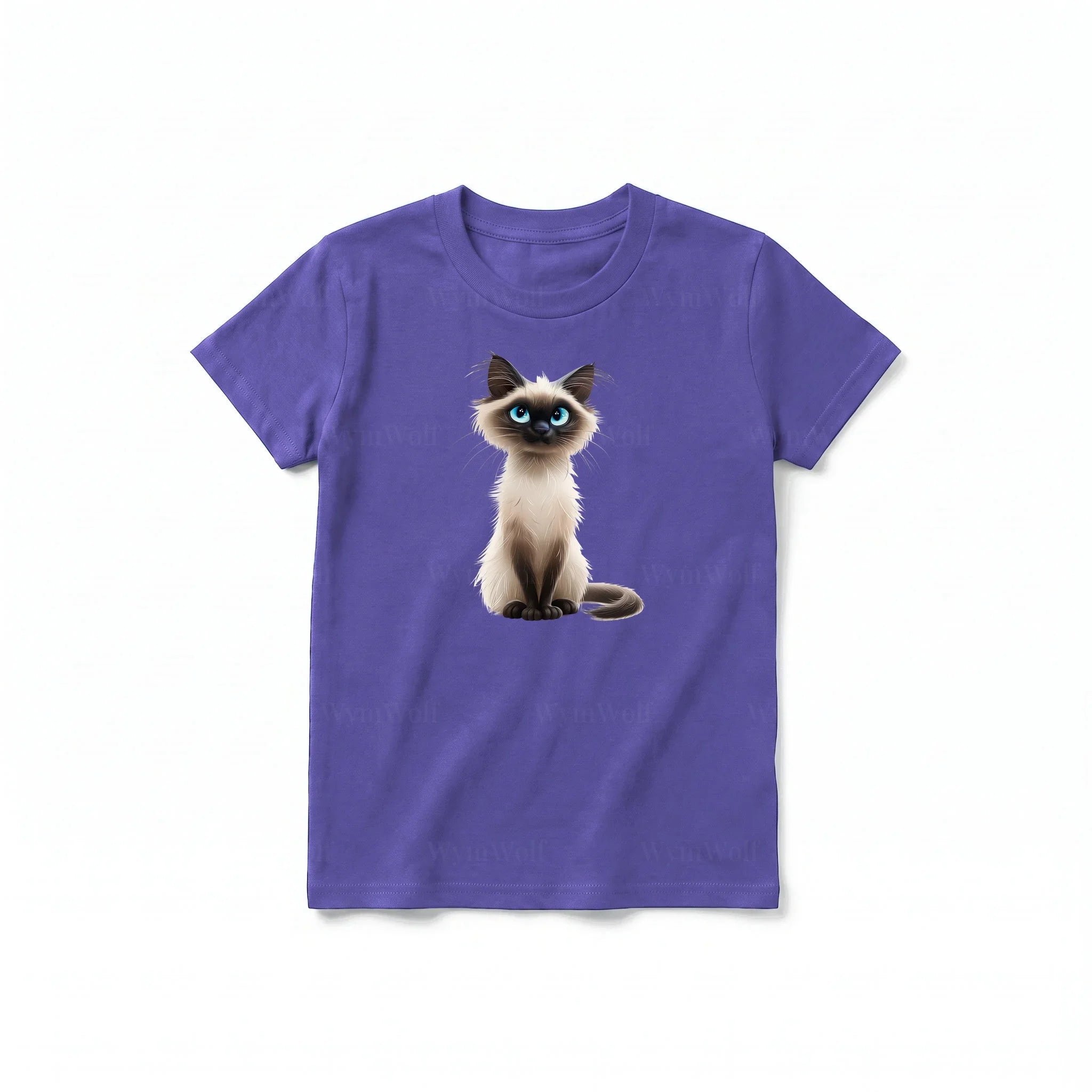 A purple short-sleeve crewneck t-shirt for youth featuring a graphic of a cat on the front.