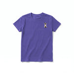 A purple short-sleeve crewneck t-shirt for youth featuring a graphic of a cat on the left chest.