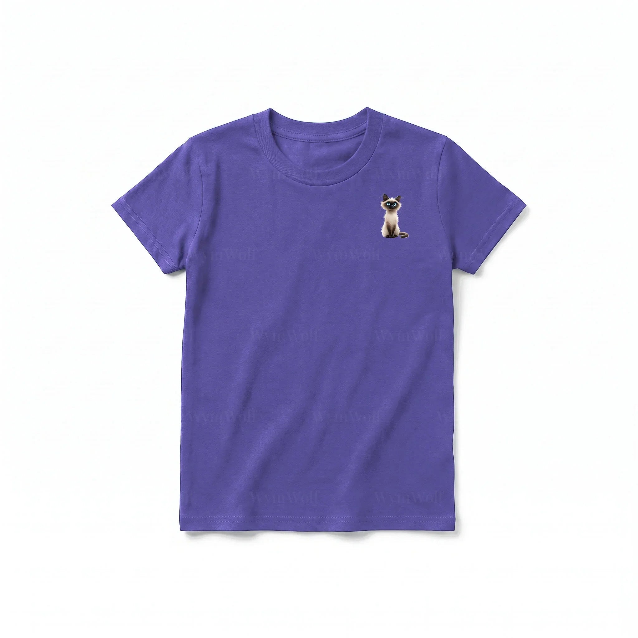 A purple short-sleeve crewneck t-shirt for youth featuring a graphic of a cat on the left chest.