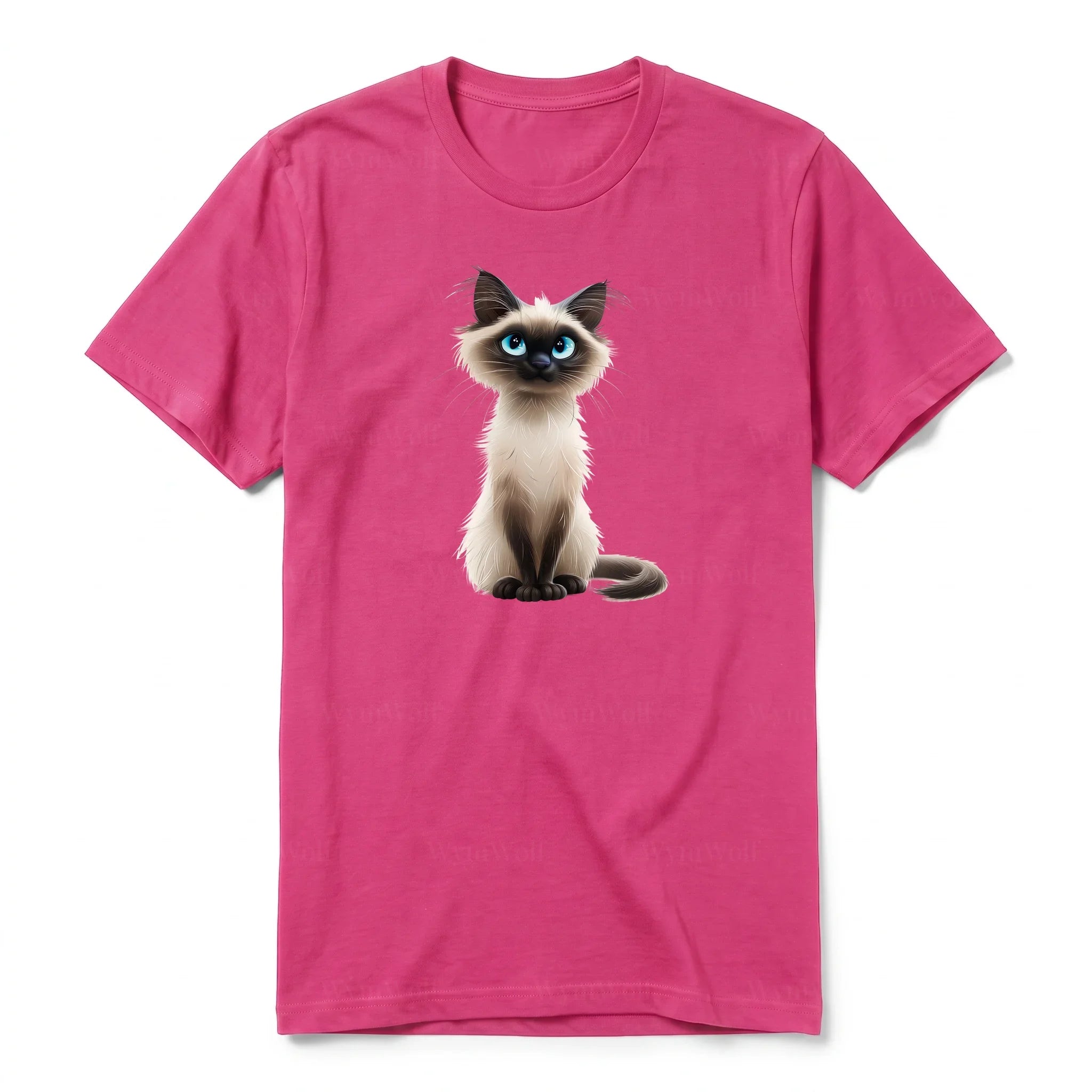 A raspberry short-sleeve crewneck t-shirt for adult featuring a graphic of a cat on the front.