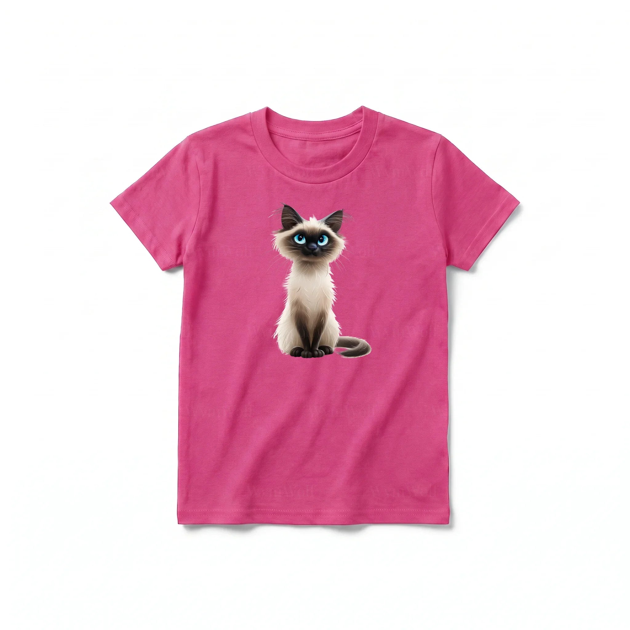 A raspberry short-sleeve crewneck t-shirt for youth featuring a graphic of a cat on the front.
