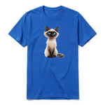 A royal short-sleeve crewneck t-shirt for adult featuring a graphic of a cat on the front.