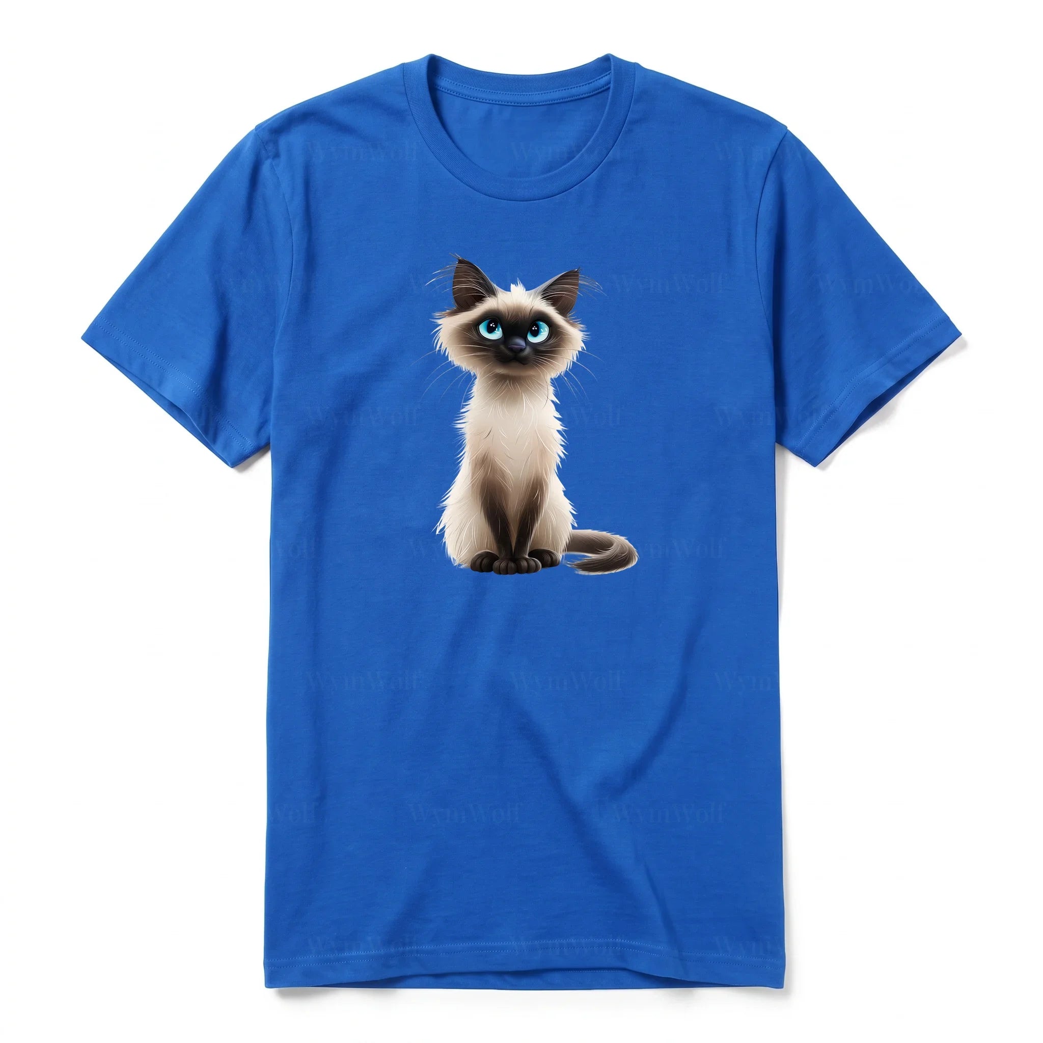 A royal short-sleeve crewneck t-shirt for adult featuring a graphic of a cat on the front.
