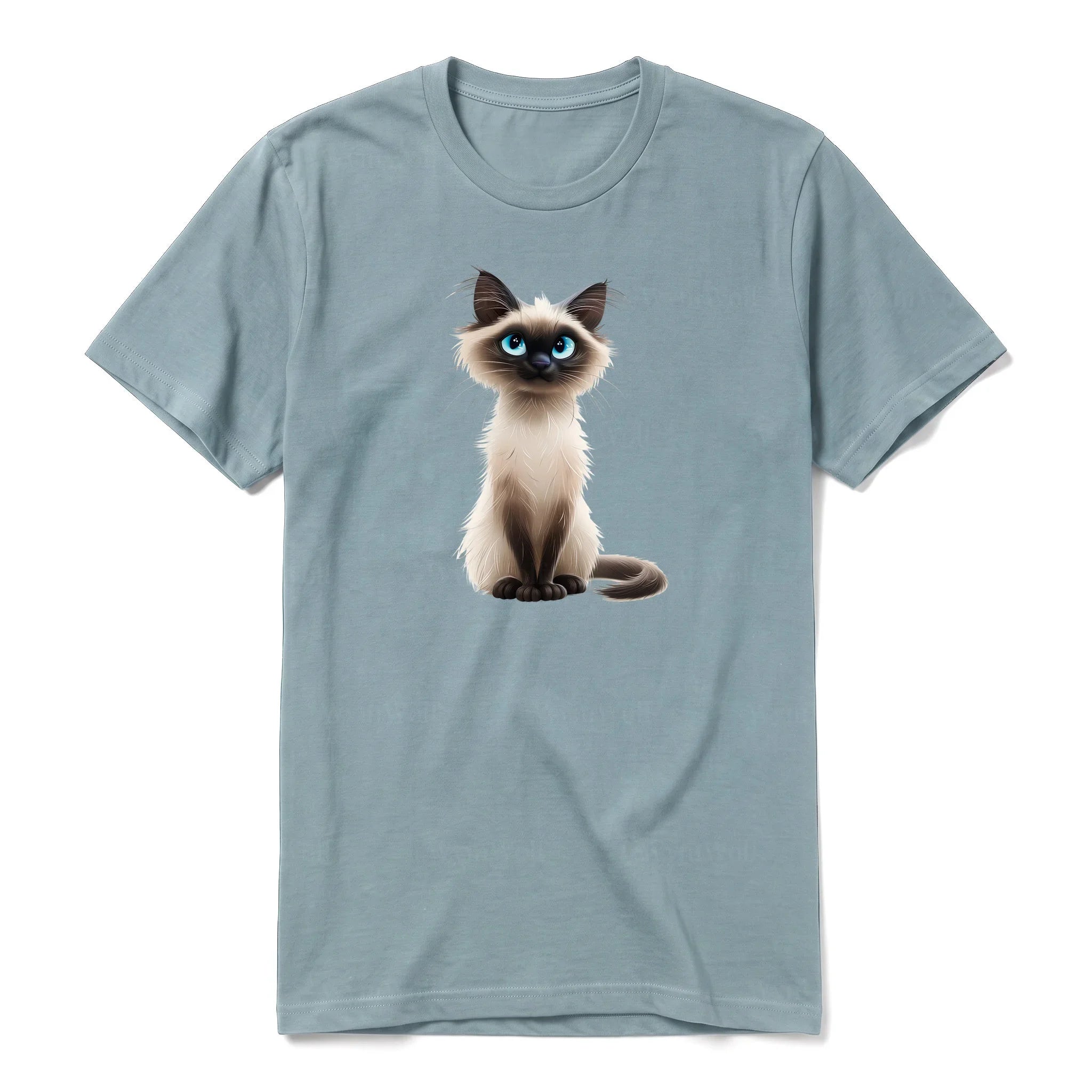 A sage short-sleeve crewneck t-shirt for adult featuring a graphic of a cat on the front.
