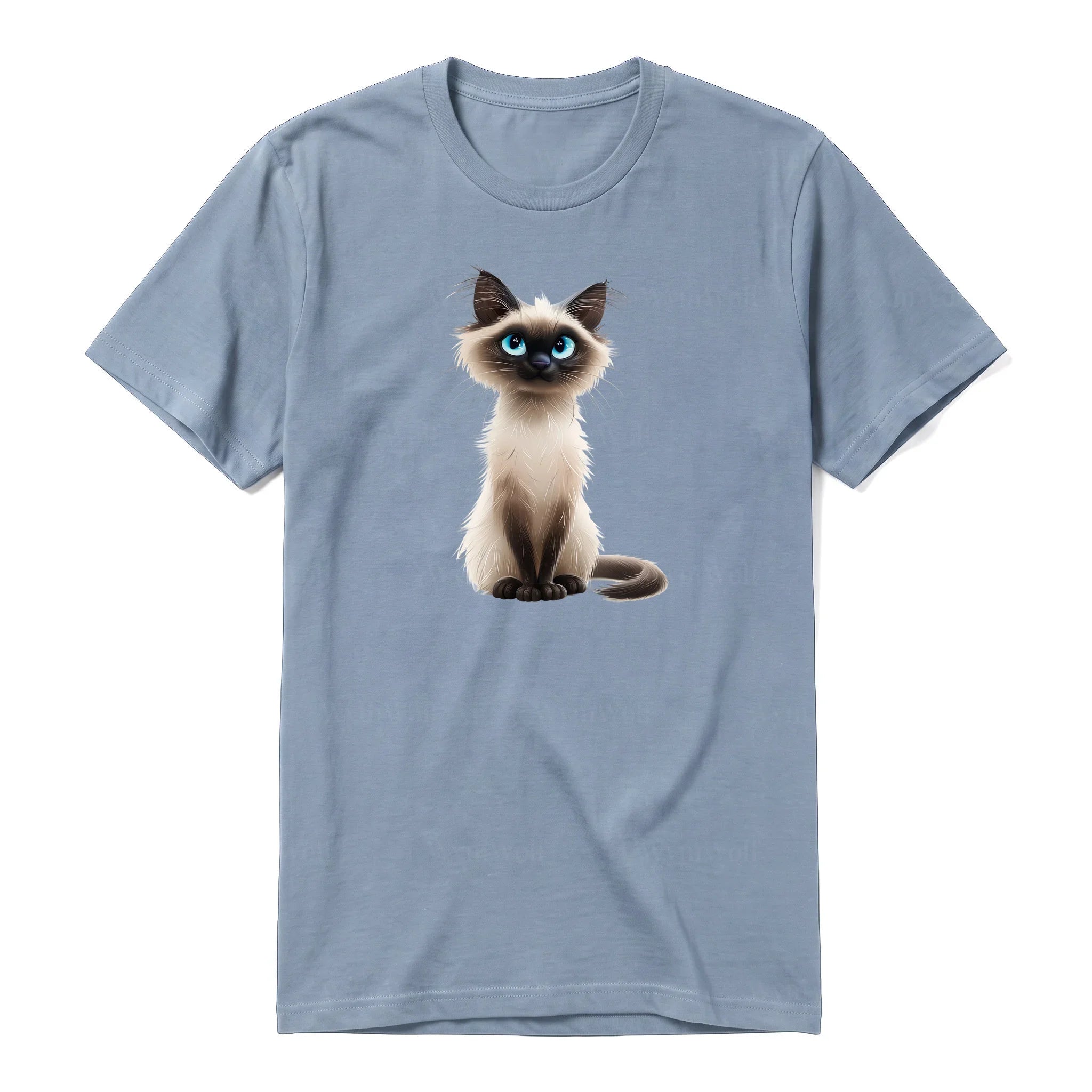 A steel-blue short-sleeve crewneck t-shirt for adult featuring a graphic of a cat on the front.