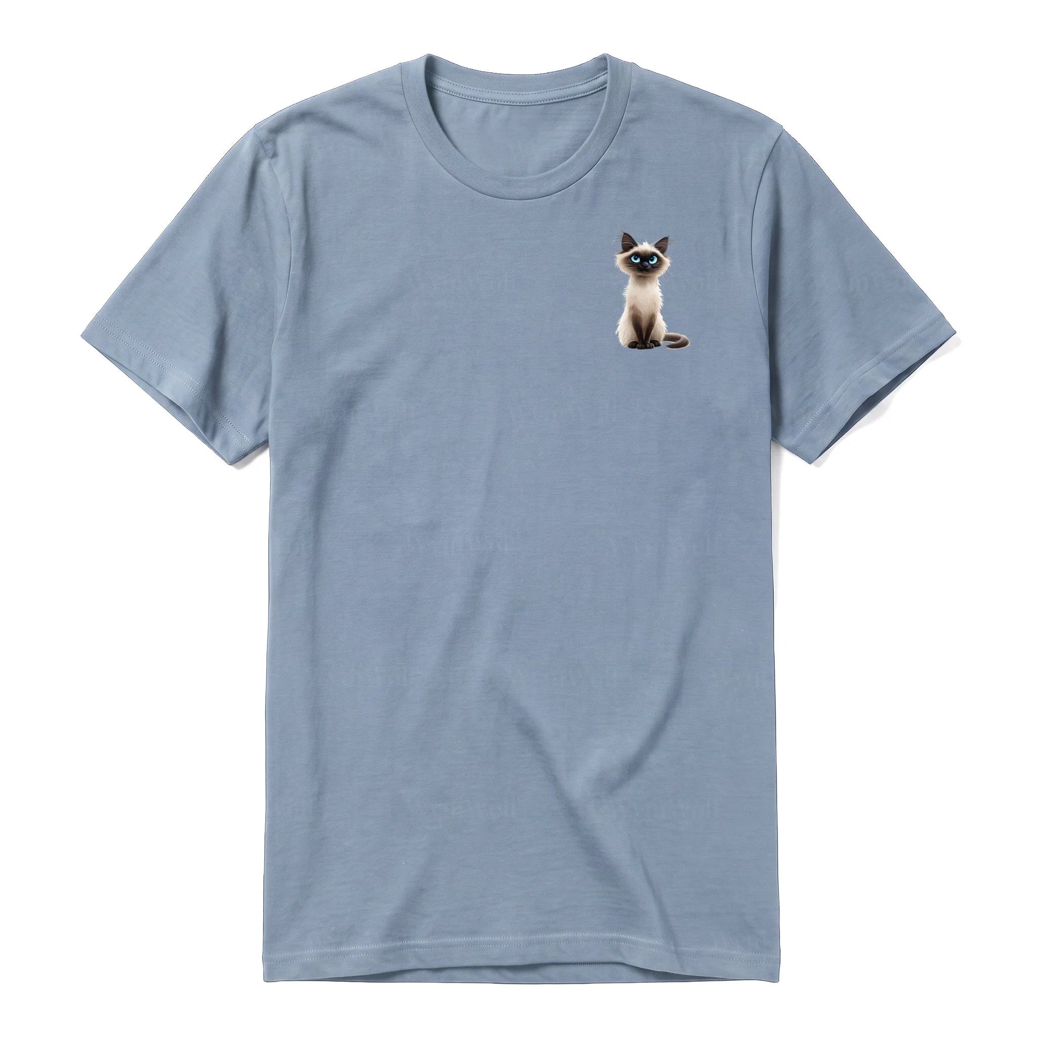 A steel-blue short-sleeve crewneck t-shirt for adult featuring a graphic of a cat on the left chest.