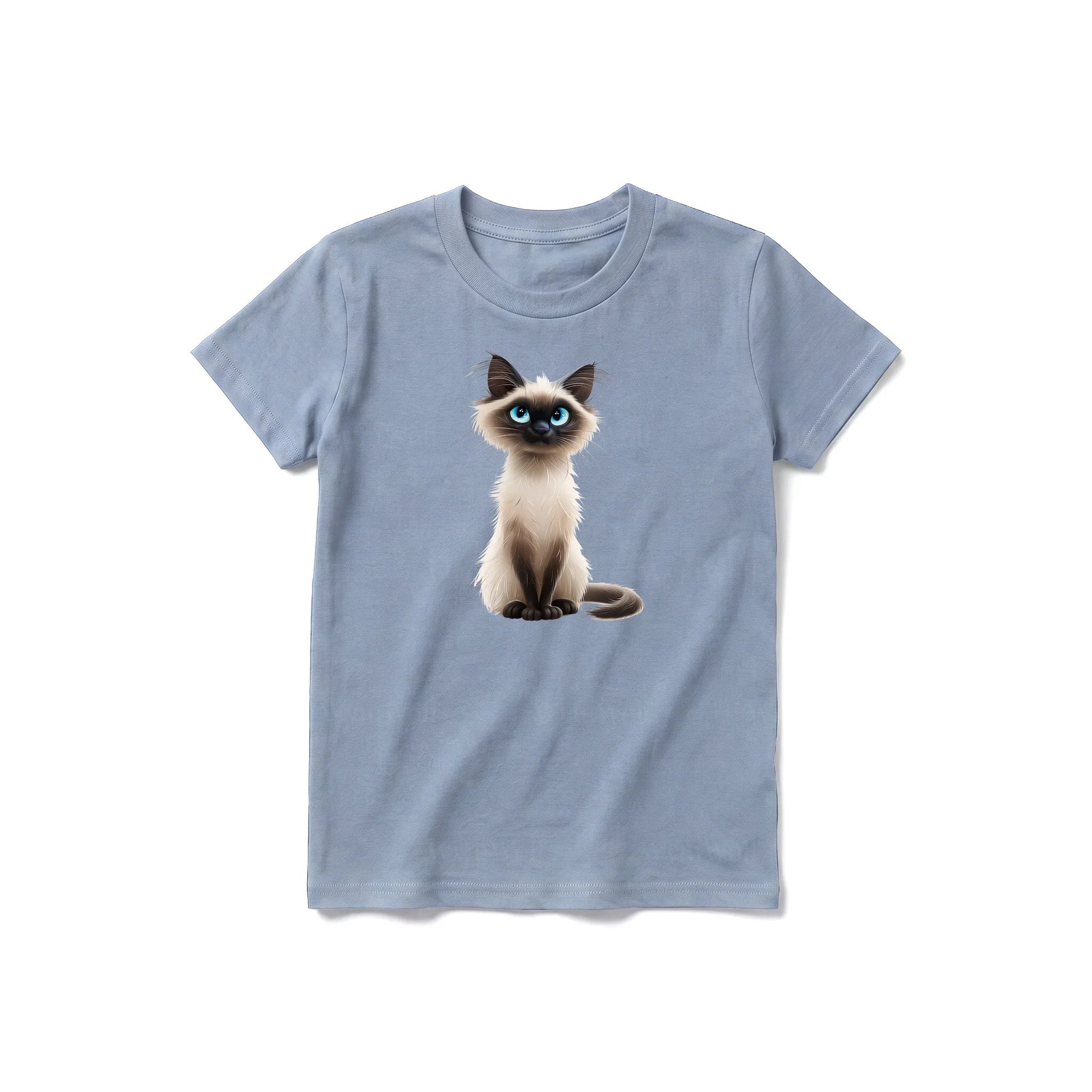 A steel-blue short-sleeve crewneck t-shirt for youth featuring a graphic of a cat on the front.