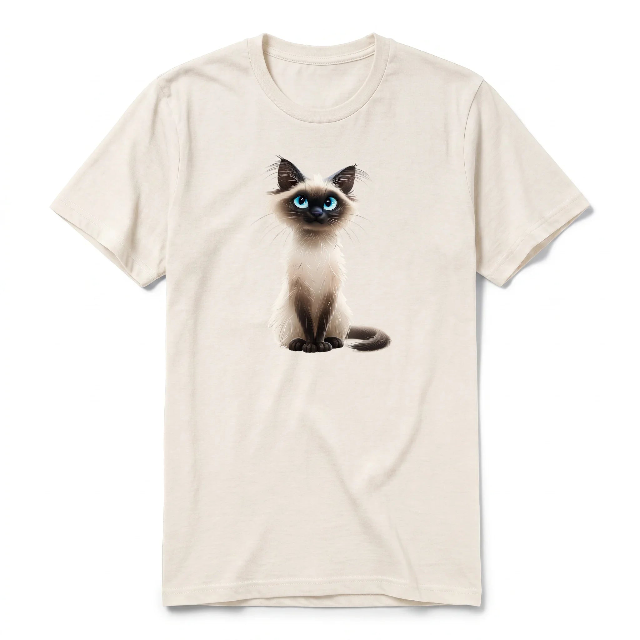 A vintage-white short-sleeve crewneck t-shirt for adult featuring a graphic of a cat on the front.