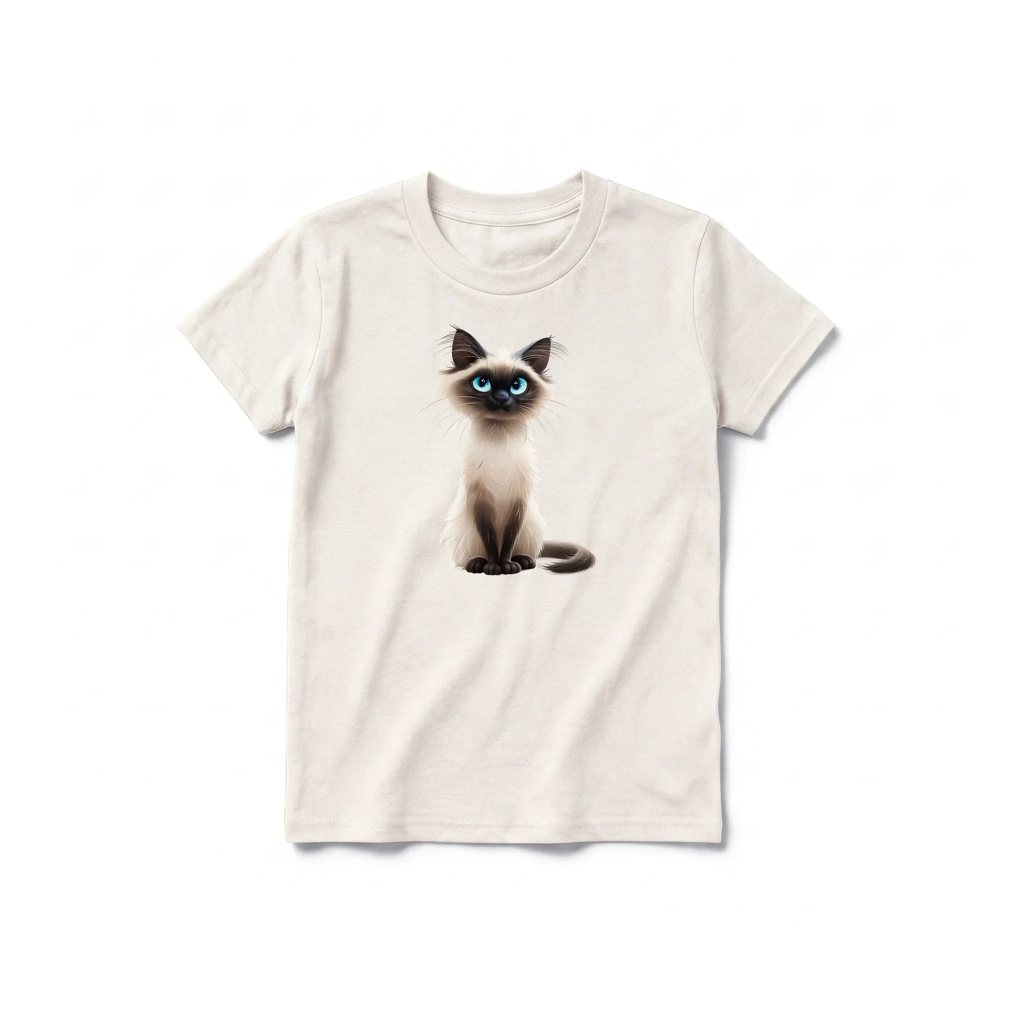 A vintage-white short-sleeve crewneck t-shirt for youth featuring a graphic of a cat on the front.